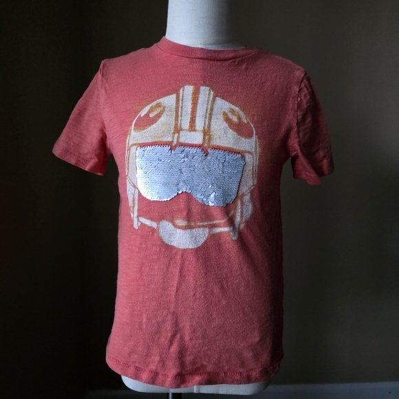 GAP Boys S Small Orange Star Wars Rebel Pilot Flip Sequin T-Shirt 100% Cotton - Picture 2 of 10